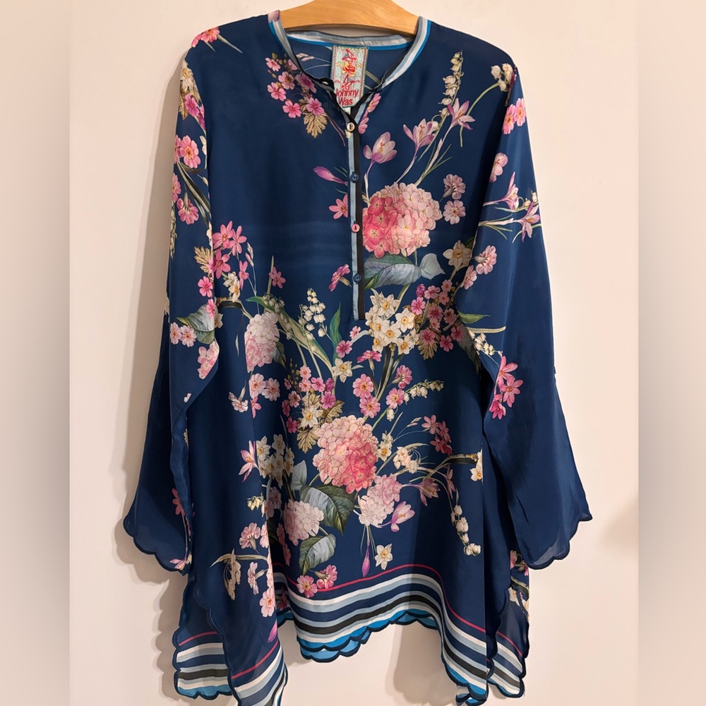 Johnny Was Navy Floral Silk Blouse XL